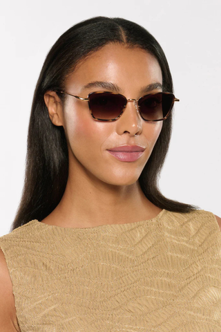 KREWE Bella Sunglasses in 18K + Venezia featuring tortoise acetate frames, amber gradient lenses, and gold-plated hardware