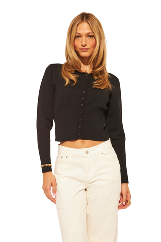 JOHN & JENN Kyle Sweater Caviar black fitted button front cardigan Monkee's of the West End
