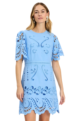 Tyler Boe Lacey Embroidered Dress Vista Blue eyelet mini dress with scalloped hem Monkee's of the West End