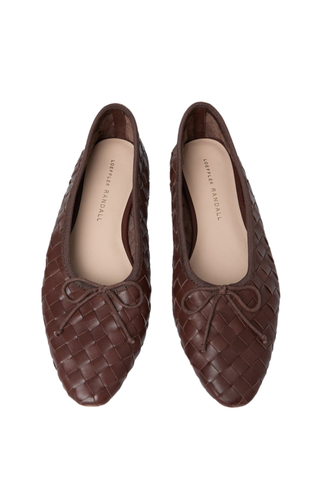 Loeffler Randall Landry Woven Flat in Chocolate featuring woven brown leather and an elongated almond-shaped toe.