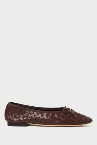 Loeffler Randall Landry Woven Flat in Chocolate featuring woven brown leather and an elongated almond-shaped toe.