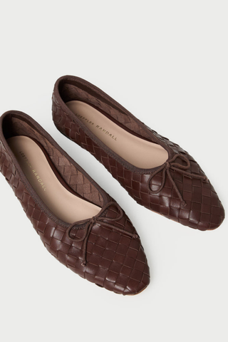 Loeffler Randall Landry Woven Flat in Chocolate featuring woven brown leather and an elongated almond-shaped toe.