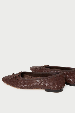 Loeffler Randall Landry Woven Flat in Chocolate featuring woven brown leather and an elongated almond-shaped toe.