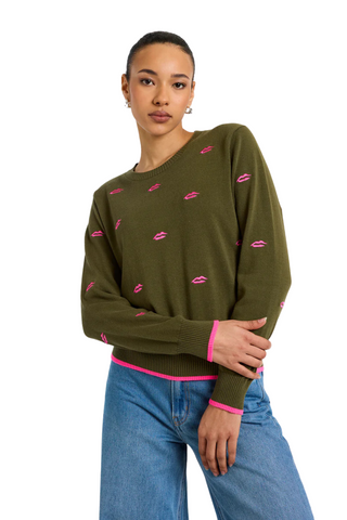 Leila Lips Sweater, Khaki/Neon Pink