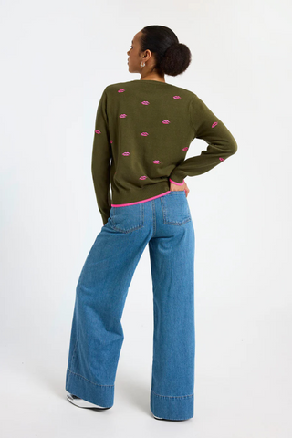 Leila Lips Sweater, Khaki/Neon Pink