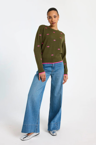 Leila Lips Sweater, Khaki/Neon Pink