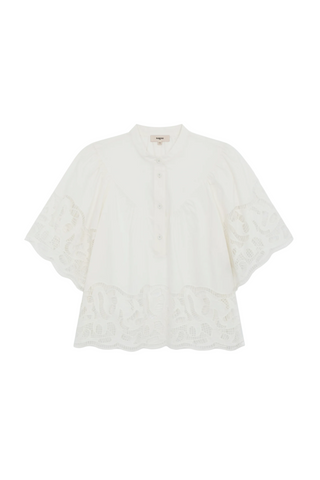Off-white blouse with lace cutwork detailing and short sleeves
