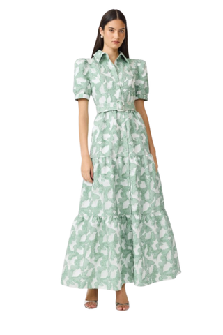Elliatt Lisette Puff Sleeve Maxi Dress in Sea Green featuring a floral print, puff sleeves, and a flowing maxi silhouette.