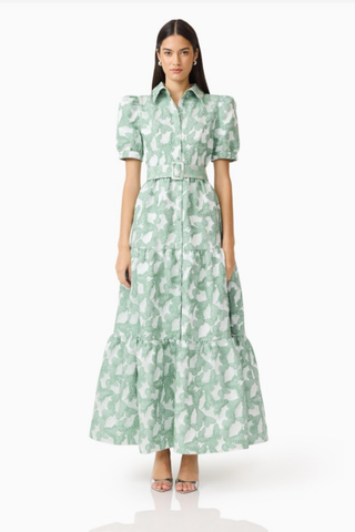 Elliatt Lisette Puff Sleeve Maxi Dress in Sea Green featuring a floral print, puff sleeves, and a flowing maxi silhouette.