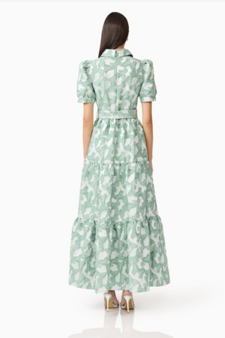 Elliatt Lisette Puff Sleeve Maxi Dress in Sea Green featuring a floral print, puff sleeves, and a flowing maxi silhouette.