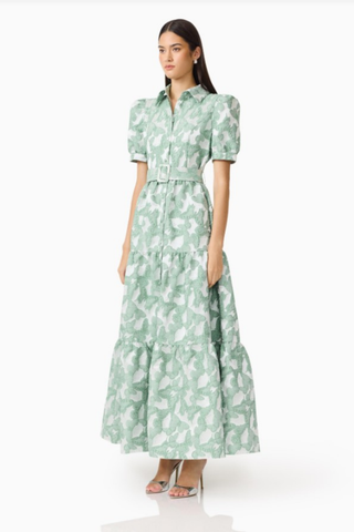 Elliatt Lisette Puff Sleeve Maxi Dress in Sea Green featuring a floral print, puff sleeves, and a flowing maxi silhouette.
