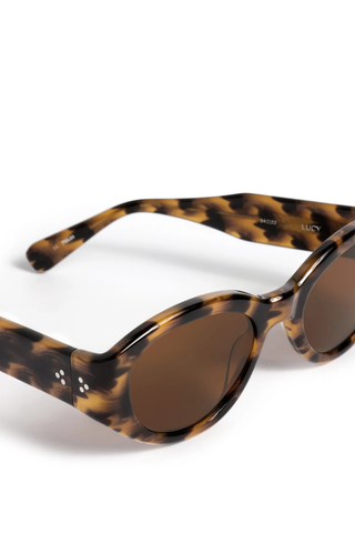 Krewe Lucy Sunglasses in Venezia featuring glossy tortoise acetate frames with amber lenses and a wraparound silhouette