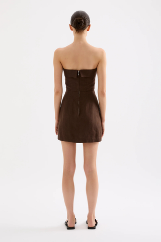 Nude Lucy Lyra Linen Dress in Chocolate featuring a strapless neckline, fitted bodice, and structured brown linen mini silhouette
