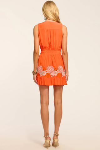 Bright orange sleeveless mini dress with lace trim and cinched waist by Ramy Brook