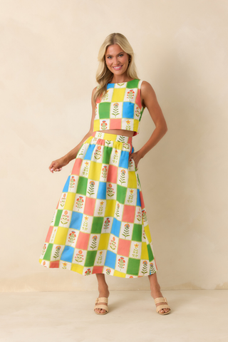 Prosperina Ellie Top in Petit Fleurs print multicolor floral patchwork cropped sleeveless top