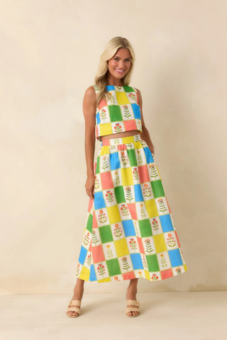 Prosperina Ellie Top in Petit Fleurs print multicolor floral patchwork cropped sleeveless top