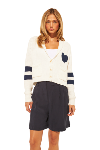 JOHN & JENN Maddox Sweater Seaside Amour ivory cardigan with navy stripes and heart detail Monkee's of the West End