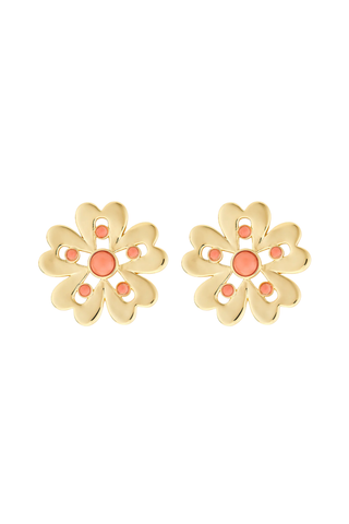 Gold floral stud earrings with coral cabochon details by Asha by ADM