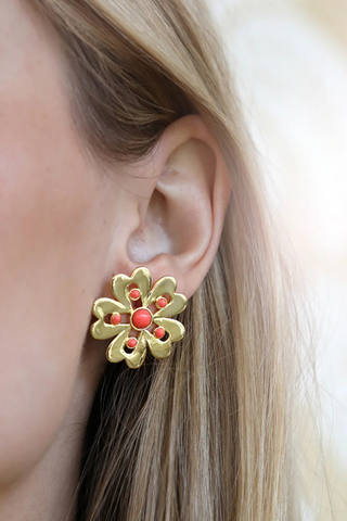 Gold floral stud earrings with coral cabochon details by Asha by ADM