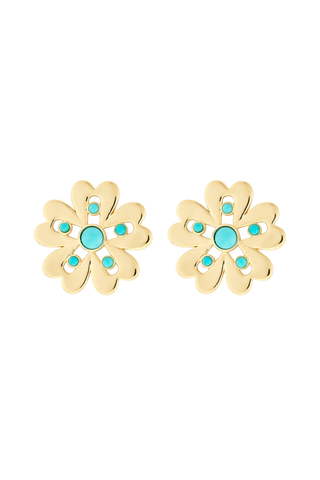 Gold floral stud earrings with turquoise cabochon details by Asha by ADM