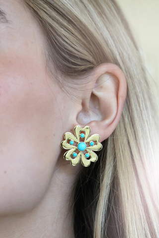 Gold floral stud earrings with turquoise cabochon details by Asha by ADM