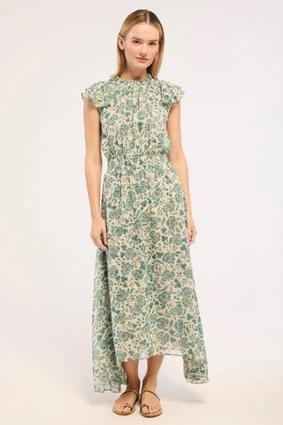 MISA Mariposa Dress in Azure Flora featuring blue floral chiffon, ruffle sleeves, smocked waist, and flowing handkerchief hem maxi dress