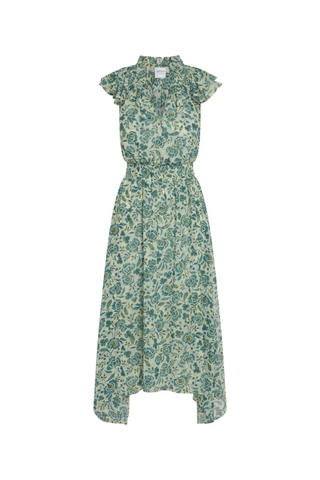 MISA Mariposa Dress in Azure Flora featuring blue floral chiffon, ruffle sleeves, smocked waist, and flowing handkerchief hem maxi dress