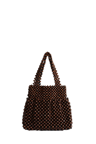 Bembien Maris Bag in brown beaded top handle bag made from polished maple wood beads with structured silhouette