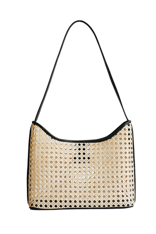 Bembien Marni Bag in black rattan with leather trim and shoulder strap, structured woven handbag