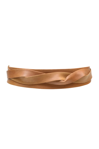 ADA Collection tan midi wrap leather belt styled tied at the waist over dress