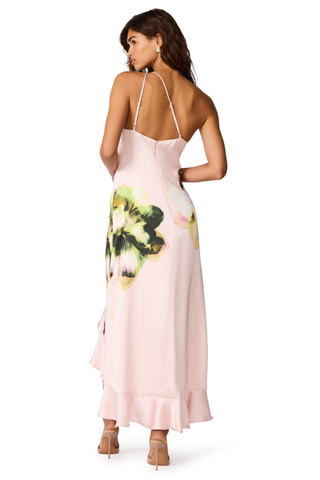 Steve Madden Mindy Dress in Pink Carnation featuring a blush floral print, asymmetrical neckline, and flowing high-low ruffle hem