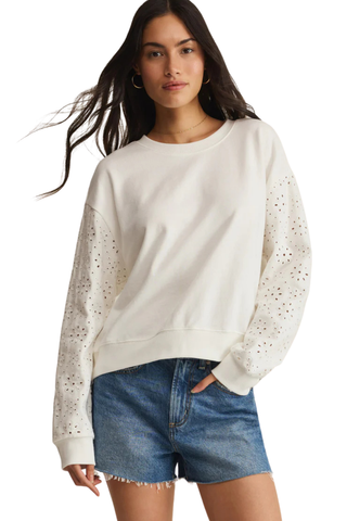 White cotton crewneck sweatshirt with floral eyelet embroidered sleeves by Z Supply