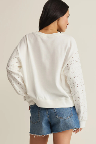 White cotton crewneck sweatshirt with floral eyelet embroidered sleeves by Z Supply