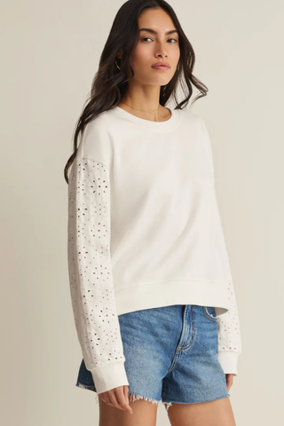 White cotton crewneck sweatshirt with floral eyelet embroidered sleeves by Z Supply
