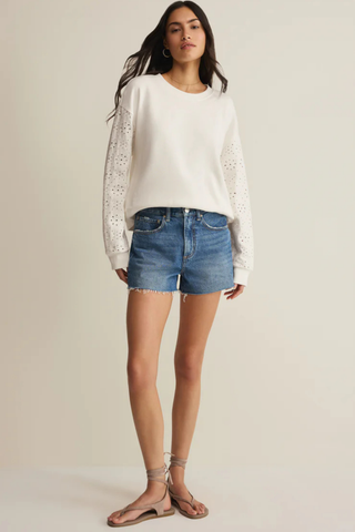 White cotton crewneck sweatshirt with floral eyelet embroidered sleeves by Z Supply