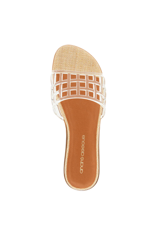 Andre Assous Nabil Jelly Sandal in clear vinyl with cage straps, square toe, and low demi-wedge slide sandal