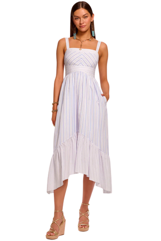 Blue and white striped midi dress with thin straps and asymmetrical hem by Ramy Brook