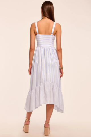 Blue and white striped midi dress with thin straps and asymmetrical hem by Ramy Brook