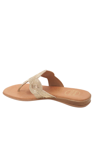 Andre Assous Nikky Sandal in Platino metallic leather with woven strap detail and cushioned footbed flat sandal