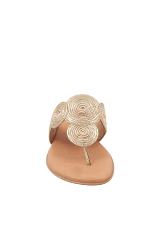 Andre Assous Nikky Sandal in Platino metallic leather with woven strap detail and cushioned footbed flat sandal