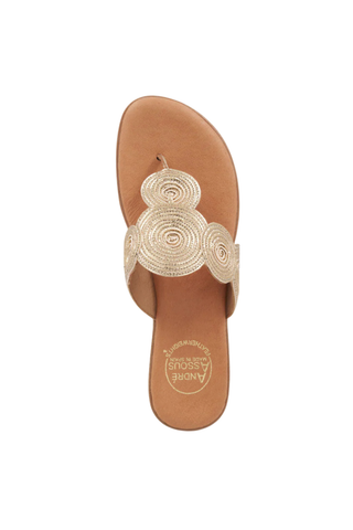 Andre Assous Nikky Sandal in Platino metallic leather with woven strap detail and cushioned footbed flat sandal