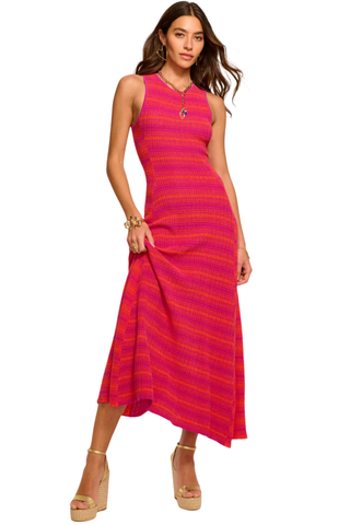 Pink and orange striped sleeveless midi dress with flowing skirt by Ramy Brook
