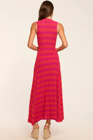 Pink and orange striped sleeveless midi dress with flowing skirt by Ramy Brook