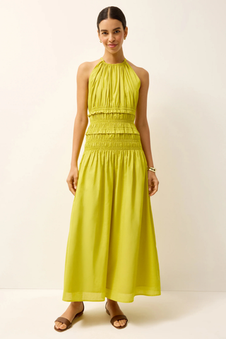 Marie Oliver Citrine yellow maxi dress with smocked waist and high gathered neckline