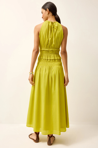 Marie Oliver Citrine yellow maxi dress with smocked waist and high gathered neckline