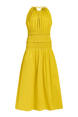 Marie Oliver Citrine yellow maxi dress with smocked waist and high gathered neckline