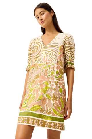 Marie Oliver mini dress in citron and peach floral Solara print with puff sleeves and v-neckline