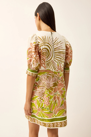 Marie Oliver mini dress in citron and peach floral Solara print with puff sleeves and v-neckline