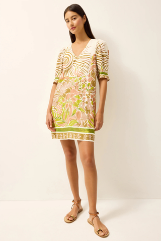 Marie Oliver mini dress in citron and peach floral Solara print with puff sleeves and v-neckline