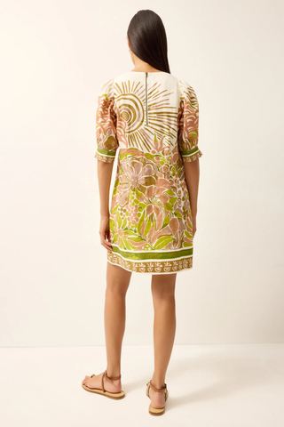 Marie Oliver mini dress in citron and peach floral Solara print with puff sleeves and v-neckline